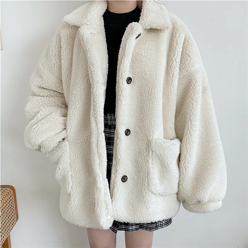 Lamb Fur Jaet Women's Loose Square Collar Single Button Autumn Winter New Small Size Student Faion Outerwear Coat