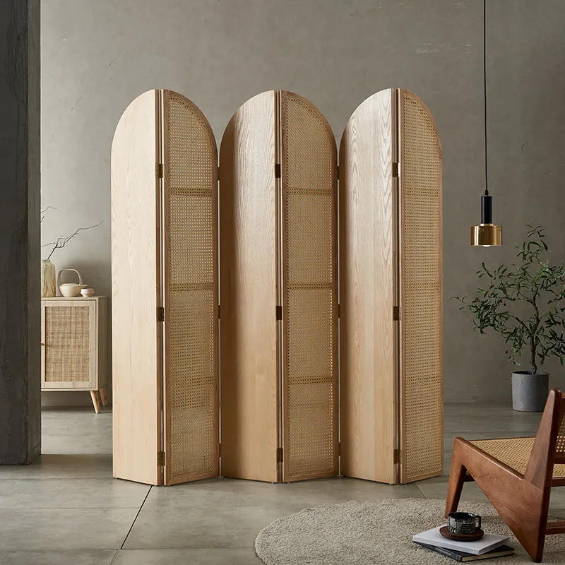 

Nordic rattan solid wood bedroom home modern partition porch Japanese folding movable bed and breakfast storage screen