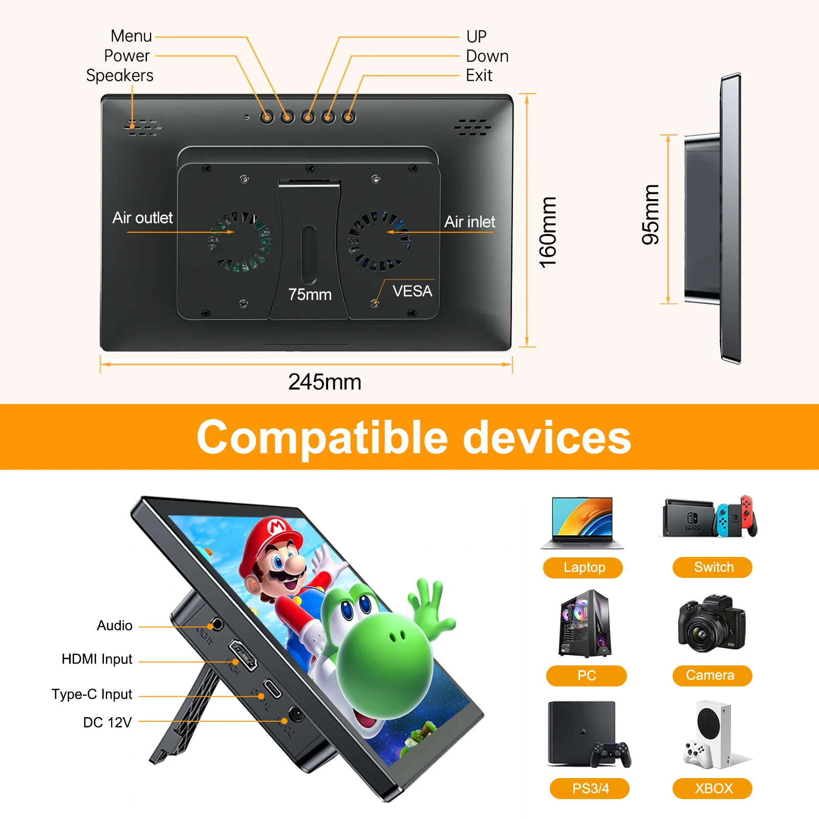 Monitor de toque de 10.1 polegadas 60Hz IPS 1920*1200 Suporte para tela sensível ao toque para PC Laptops Carro Systeam VESA 75*75mm Segundo display