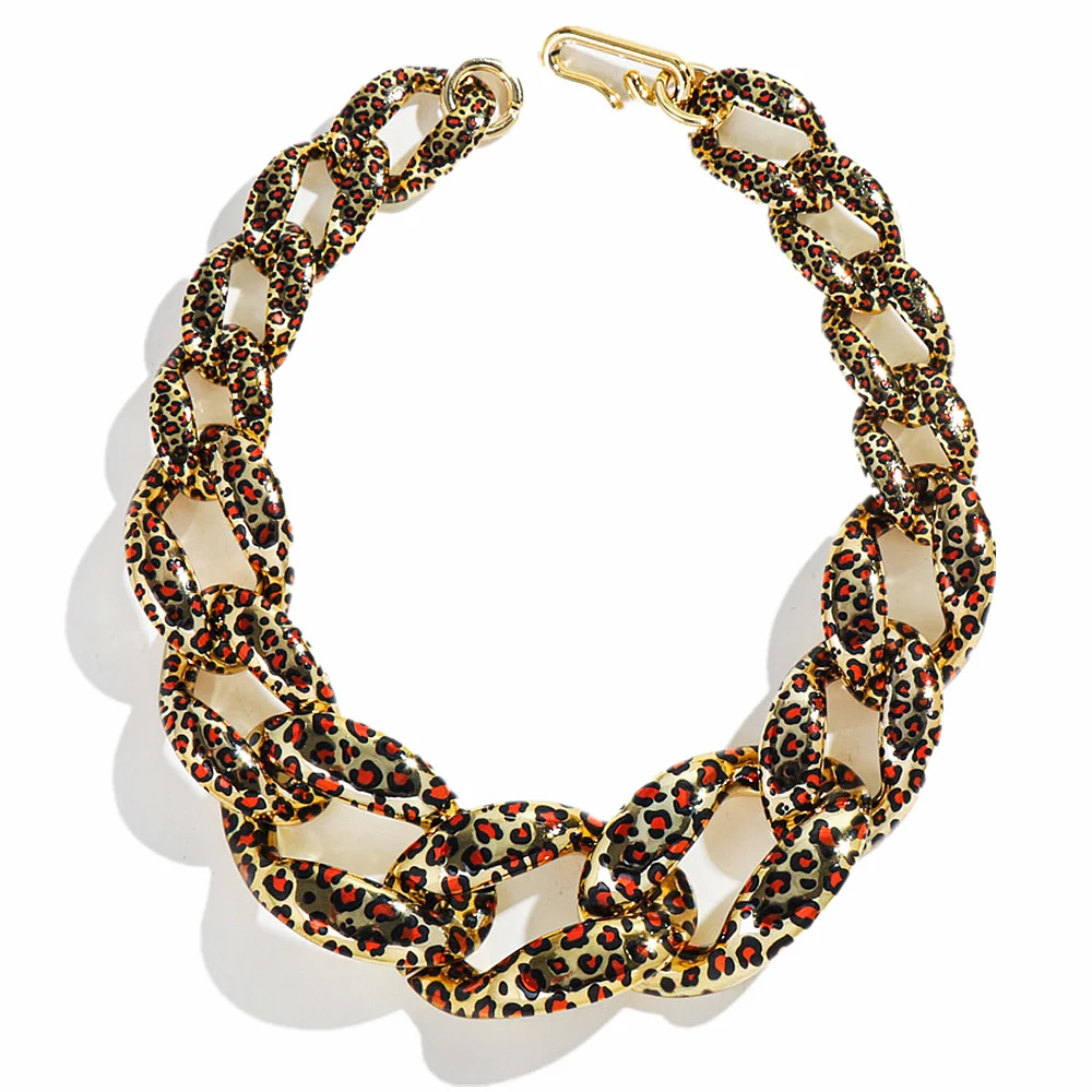 New Acrylic Leopard Gold Color Chunky Chains Necklace Big Geometric Link Choker Necklace for Men Statement Jewelry Gifts