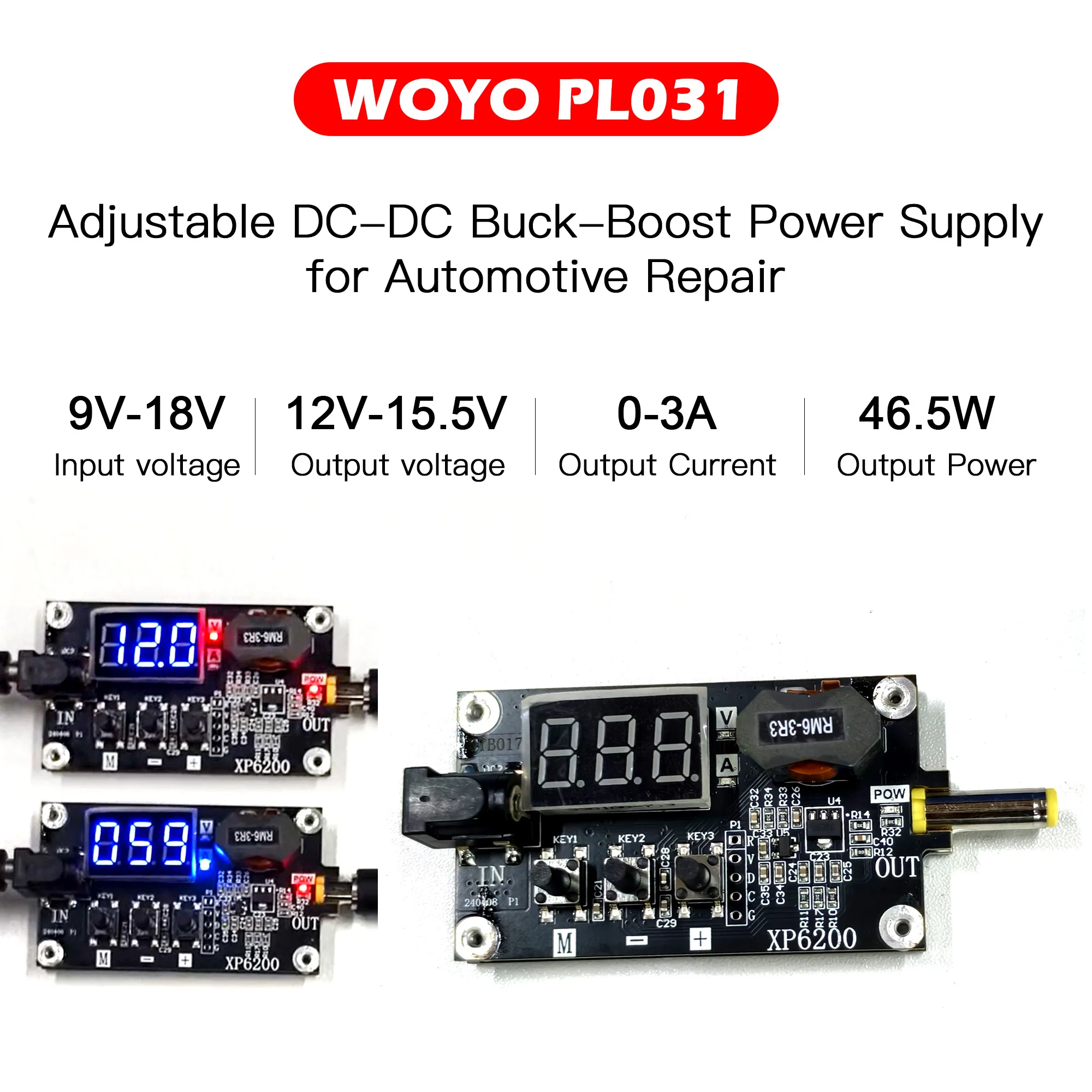 

DC-DC Buck Boost Mini Power Supply Step Up Output Voltage 12V-15.5V 0-3A Automotive Module Repair Tool