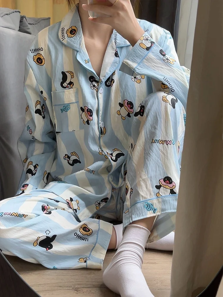 

Cartoon Penguin Striped Sleepwear Women's Long Sleeve Long Pants Home Clothes Set Cloud Cotton Integrated Chest Pad Spring Au...