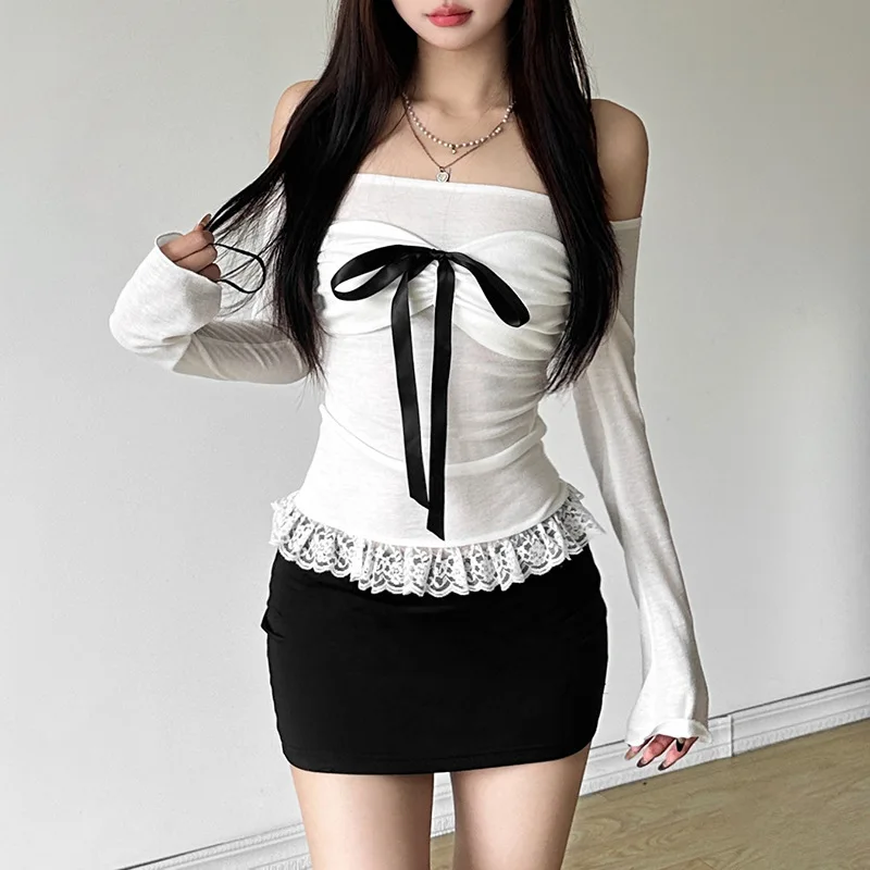 Summer new women's solid color slim fit street fashion slash neck long sleeved backless t-shirt