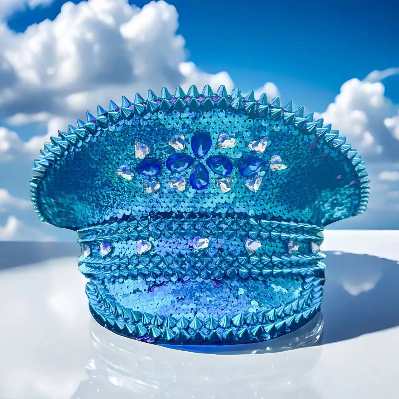 HongLuan Festival Captain Hat Navy Party Hat Blue Sequins Inlaid with Rhinestone Studs Is Suitable for Parties Music Festivals