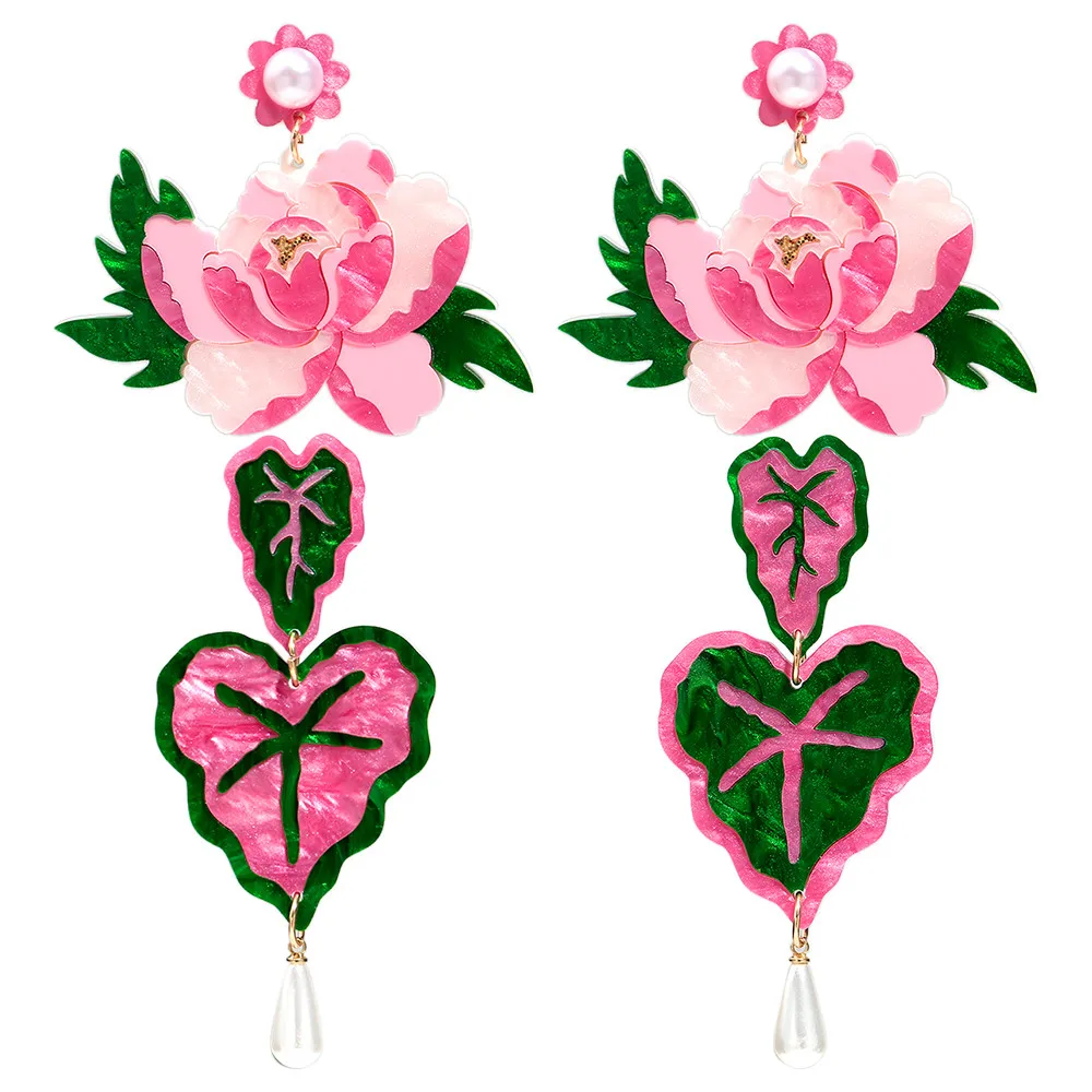 Süße Acryl rosa Blume grün Blatt Tropfen Ohrringe für Frauen Harz große Pflanze baumeln Ohrring neue Schmuck Geschenke