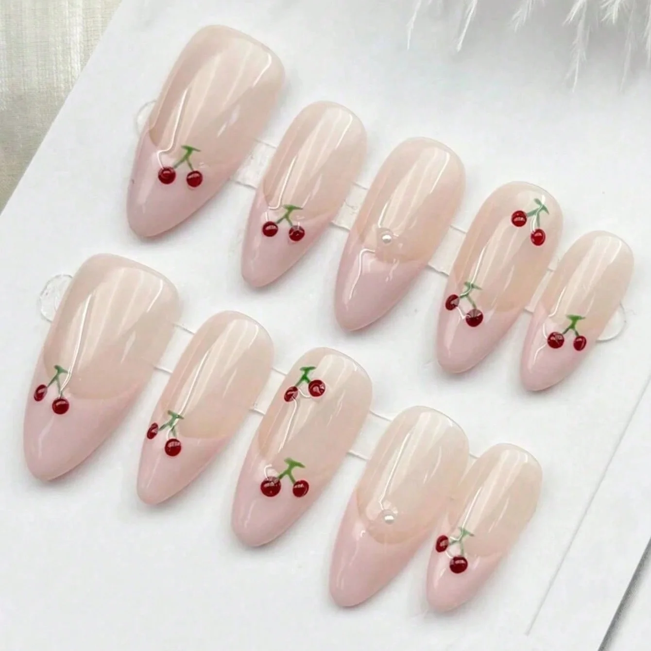10pcs Medium Almond Nude Pink Hand-painted Cherry Press On Nails, Gift For Women, DIY Nail Art, Fake Nails, Handmade Nail Set