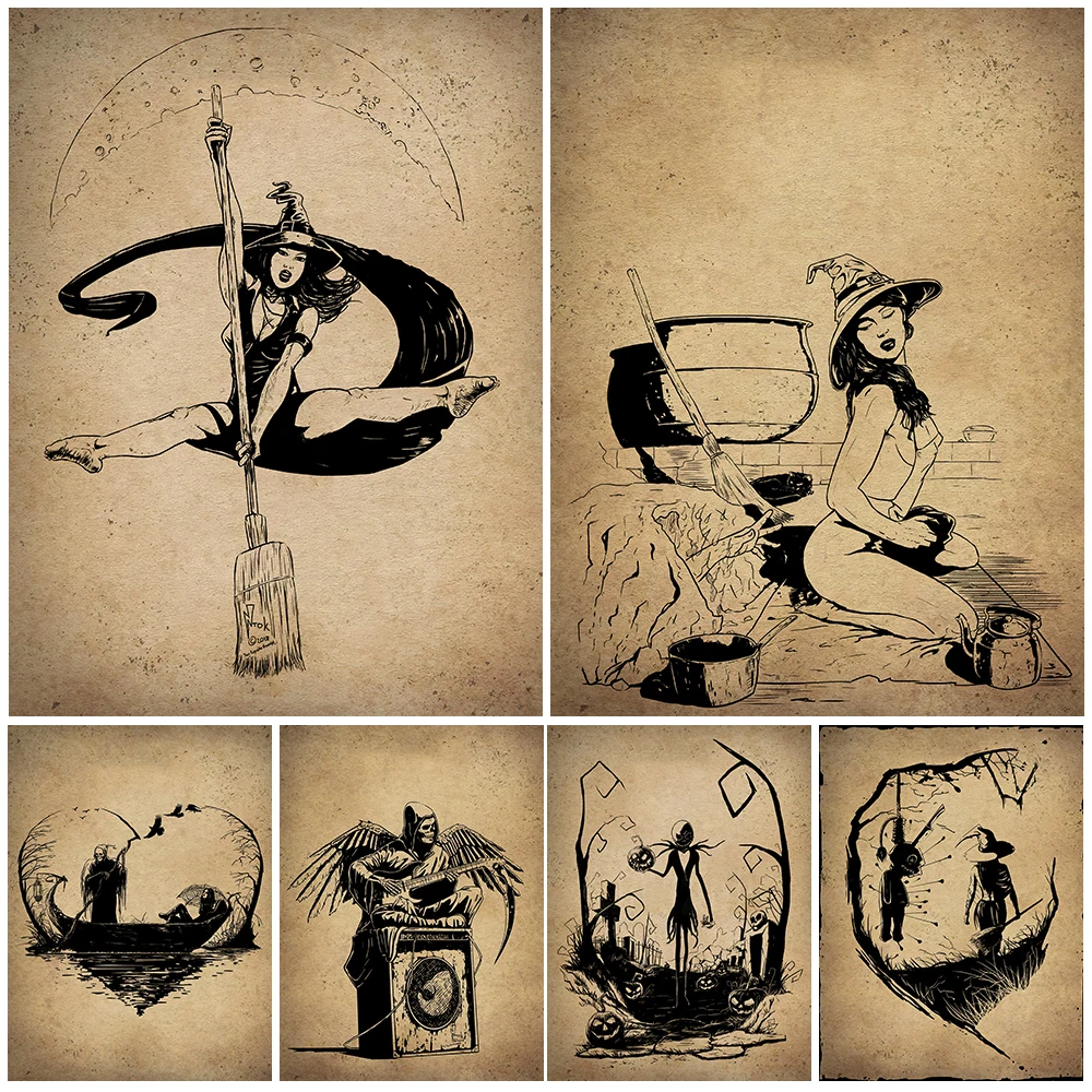 Gothic Shaman Girl And Witch Wall Art Print Sexy Witch Flying Artwork Print Home Decor Wicca Poster And Print Canvas Painting