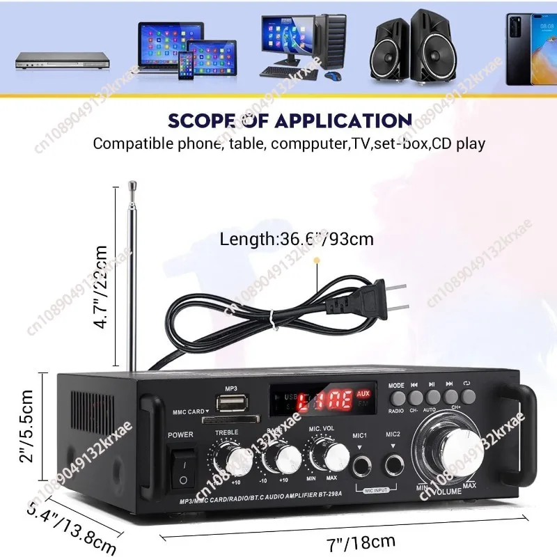 Mini small power amplifier, speaker power amplifier, card U disk radio 12V220V Bluetooth power amplifier BT-298A