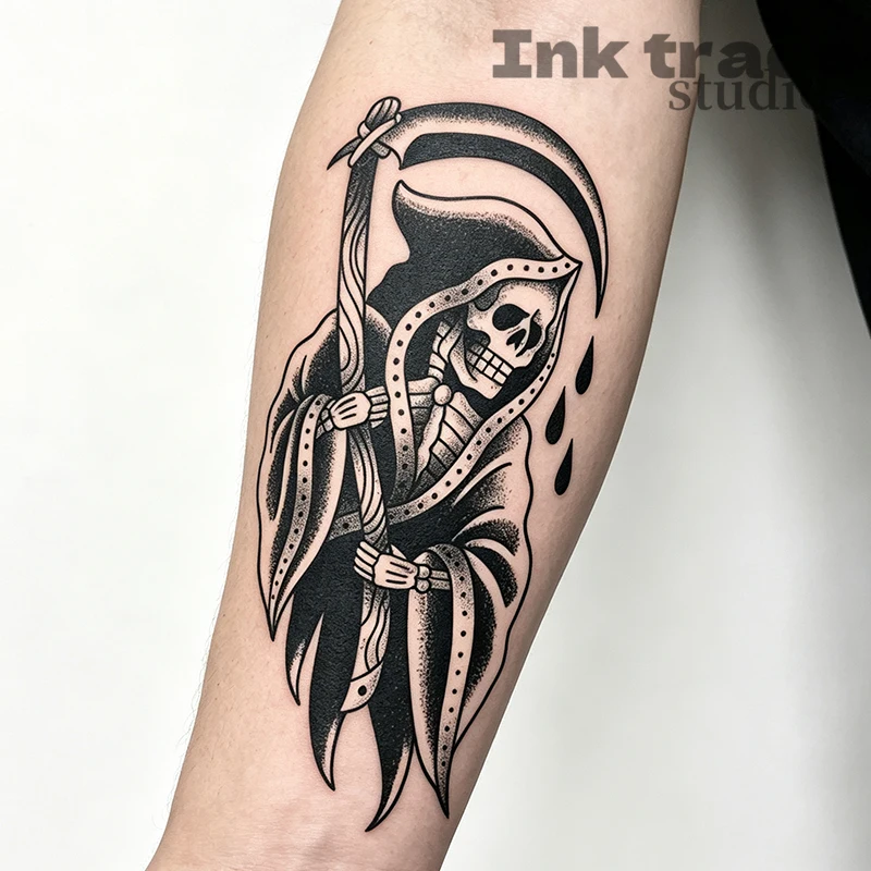 Waterproof Temporary Tattoo Sticker,18CM Large Grim Reaper Skull Scythe Fake Tattoo,Black Gothic Body Art For Men Arm Shoulder H
