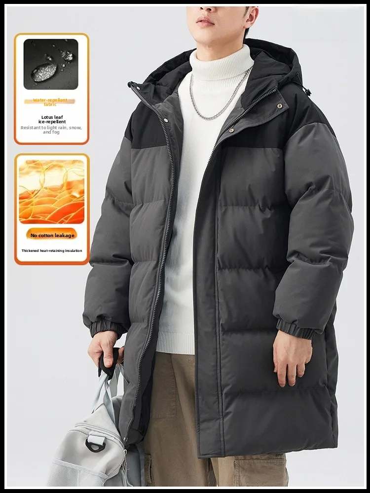 

Thiened Cotton Jaet for Men Youth Anti-Cold Long Hooded Winter Outerwear Casual Sle Polyester Filling Mid-Length Coat