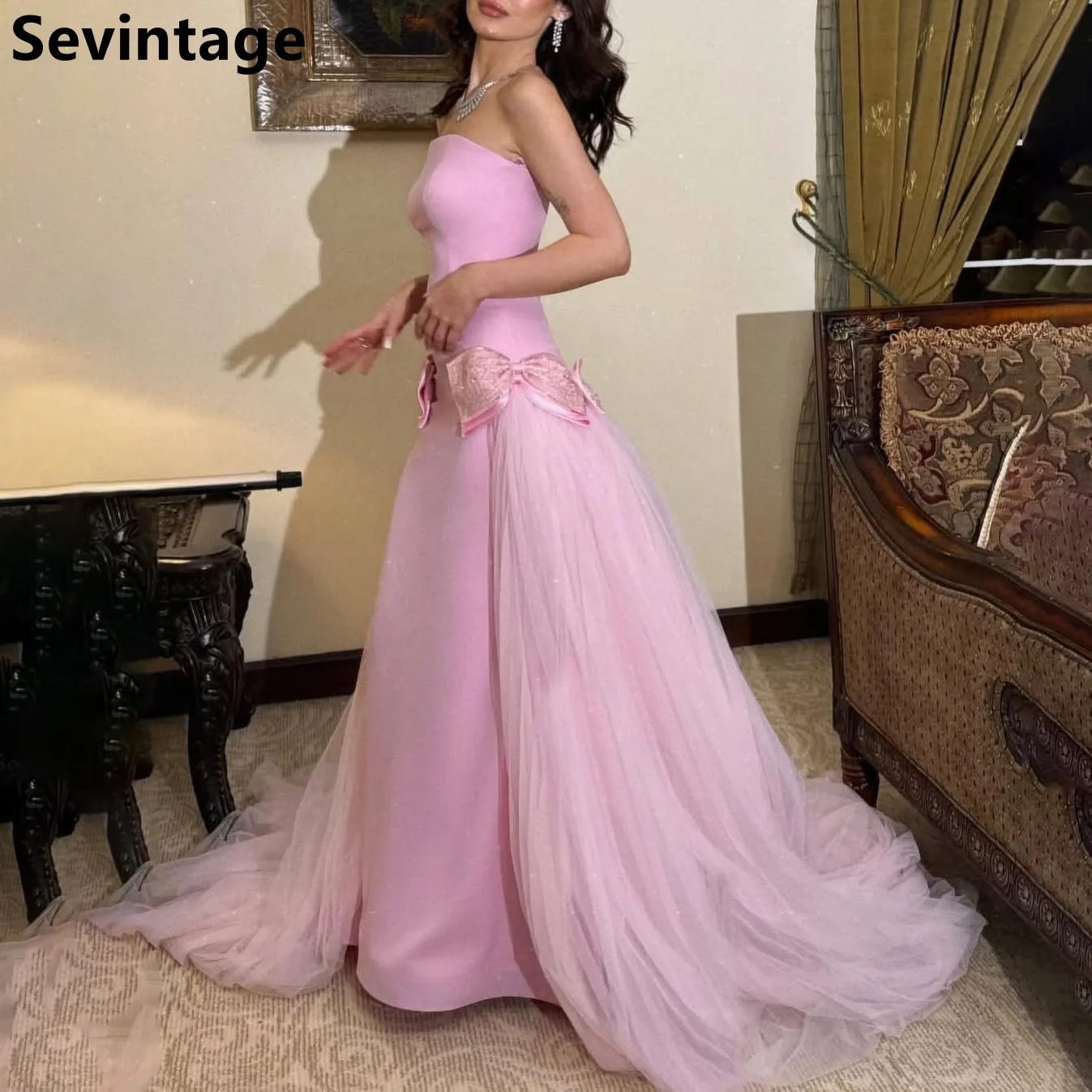 

Sevintage 2025 Mermaid Satin Pink Evening Dress Wedding Party Strapless Prom Dress Saudi Arabic Party Gown Customized
