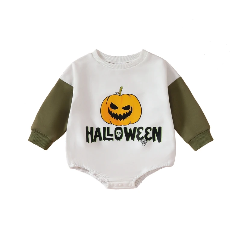 

Baby Girls Boys Sweatshirts Rompers Halloween Clothes Letter Pumpkin Print Contrast Color Long Sleeve Toddler Fall Bodysuits