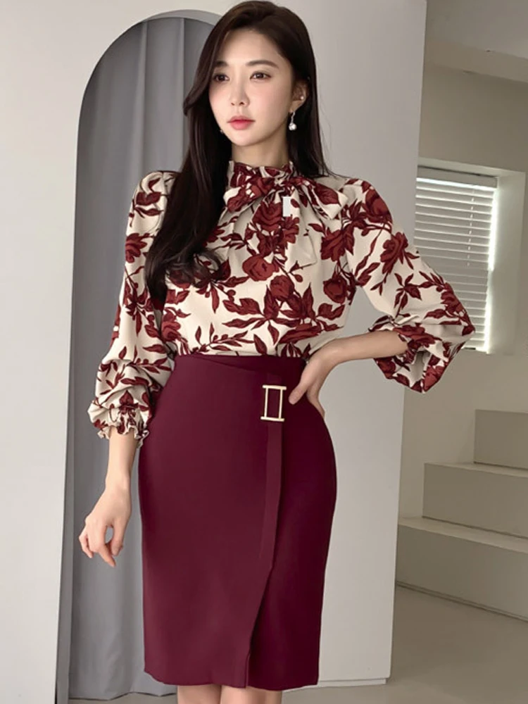

Spring Korean Style Elegant 2 Piece Outfit Women Party Flowers Loose Tops Shirt Blouse Female High Waist Midi Skirt Sets Mujer