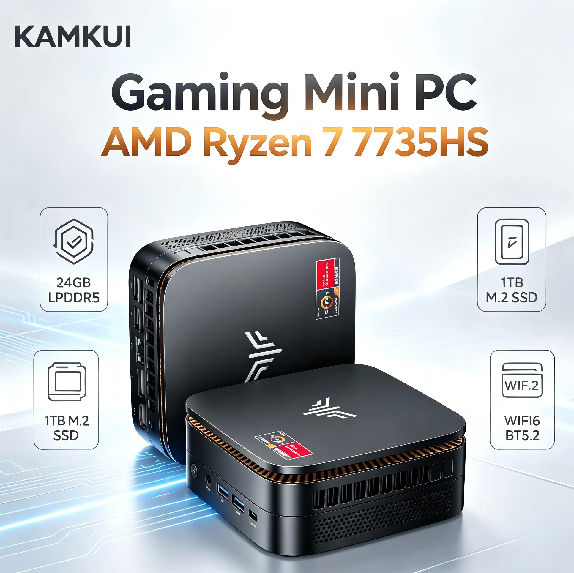 KAMKUI Mini PC AMD Ryzen 7 7735HS 24GB LPDDR5 1TB SSD Micro Desktop Gaming Computer Max 4.3GHz WiFi 6 BT5.2 4K Triple Display