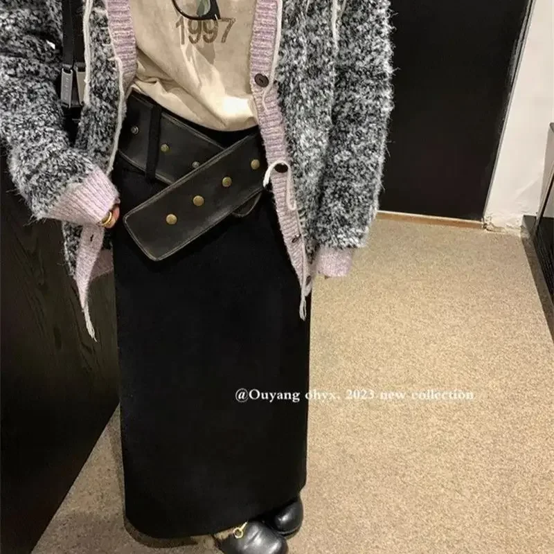 

New Autumn Winter Korean Fashion Long Skirt Women High Waist Solid Color Casual Straight Black Belt Woolen Skirts Jupe Y2k