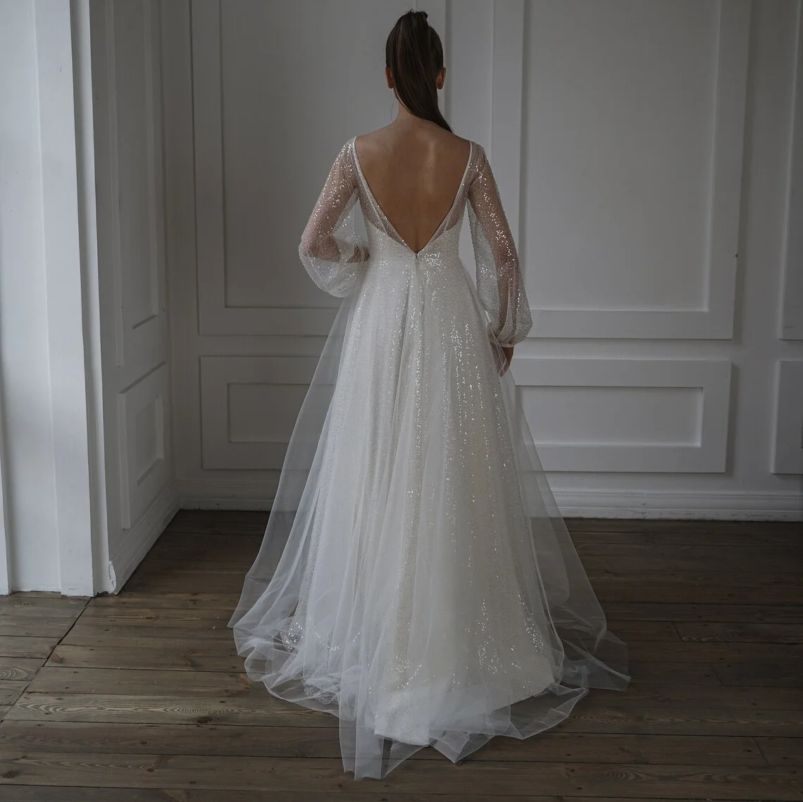 Magnifique robe de mariée en dentelle à encolure dégagée, manches longues, ligne A, dos nu, train de balayage, robe de mariée Rotterdam Kle, personnalisé, 11970 #