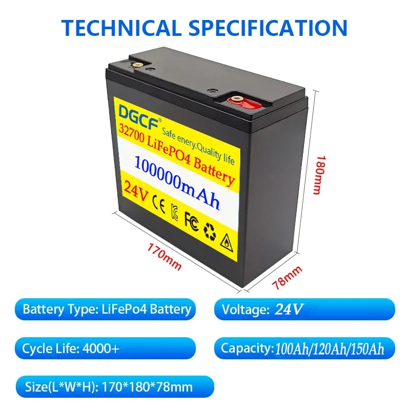

LiFePO4 24V 100Ah 32700 Battery With Built in 100A BMS for RV Marine Solar Overland Off-Grid Rechargeable Lithium Iron Phosphate