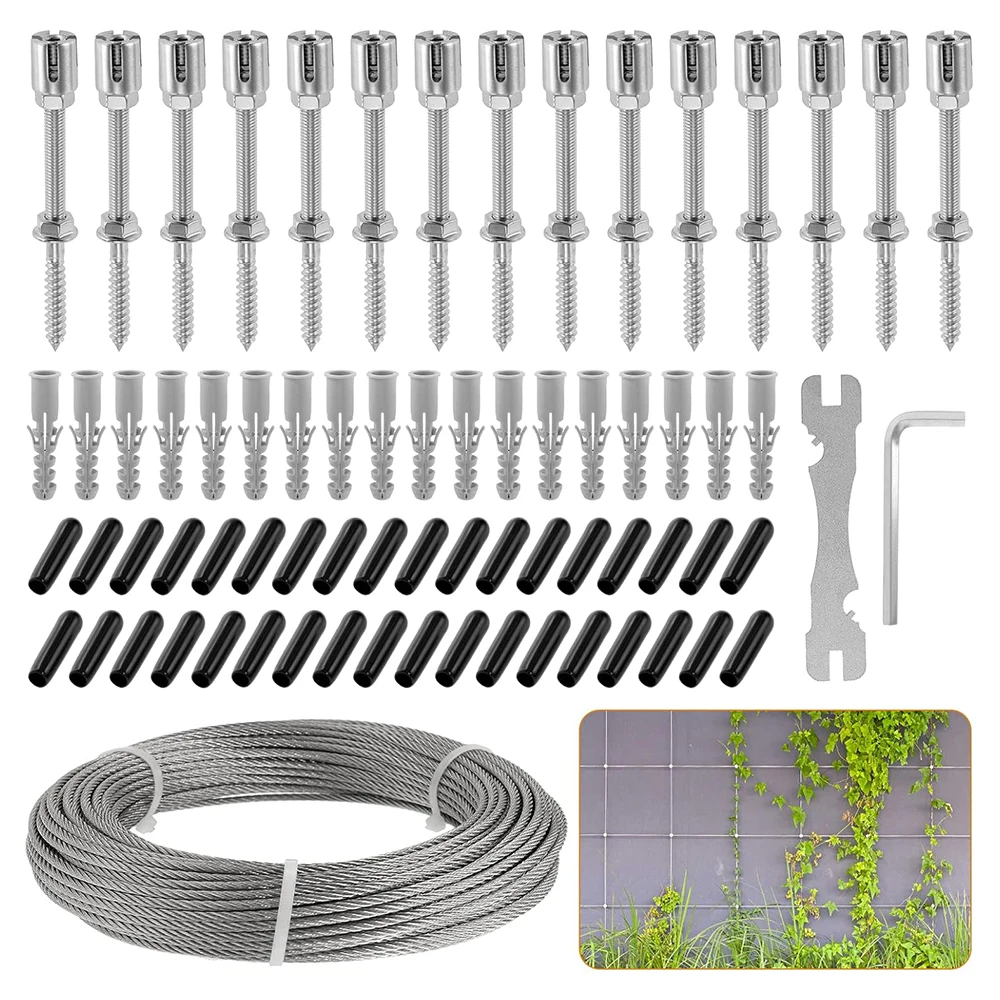 

15 PCS Wall Wire Trellis Kit for Climbing Plants Outdoor 30Meter 3mm Wire Ropes Stainless Steel Hubs Green Wall Cable System