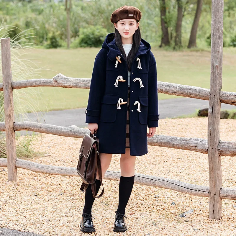 Girls horn button coat junior high school students woolen jacket college wind 2023 new high school girls