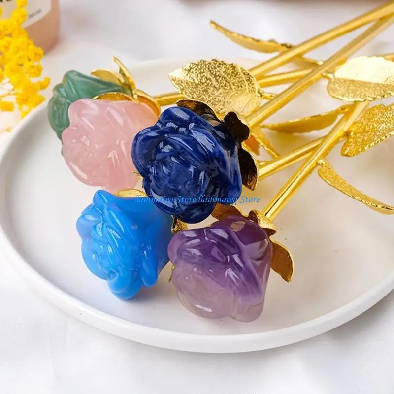 573B قاعدة ذهبية وردية أنيقة عنصر بيان حجر منحوت وردة أنيقة ديكورات المنزل حجر الملمس هدية لهواة جمع المجوهرات