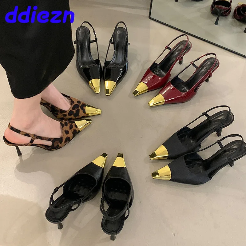 Fashion Metal Square Toe Footwear Ladies High Heels Shoes Sandals Luxury Slingbacks Female Pumps Thin Heels Shoes For Women 2025