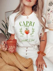 Capri Italy Printed Pattern Trend Top Short Sleeved Women's Beach Travel Print 2024 New Summer O-Neck Style Casual Fun T-Shirt.