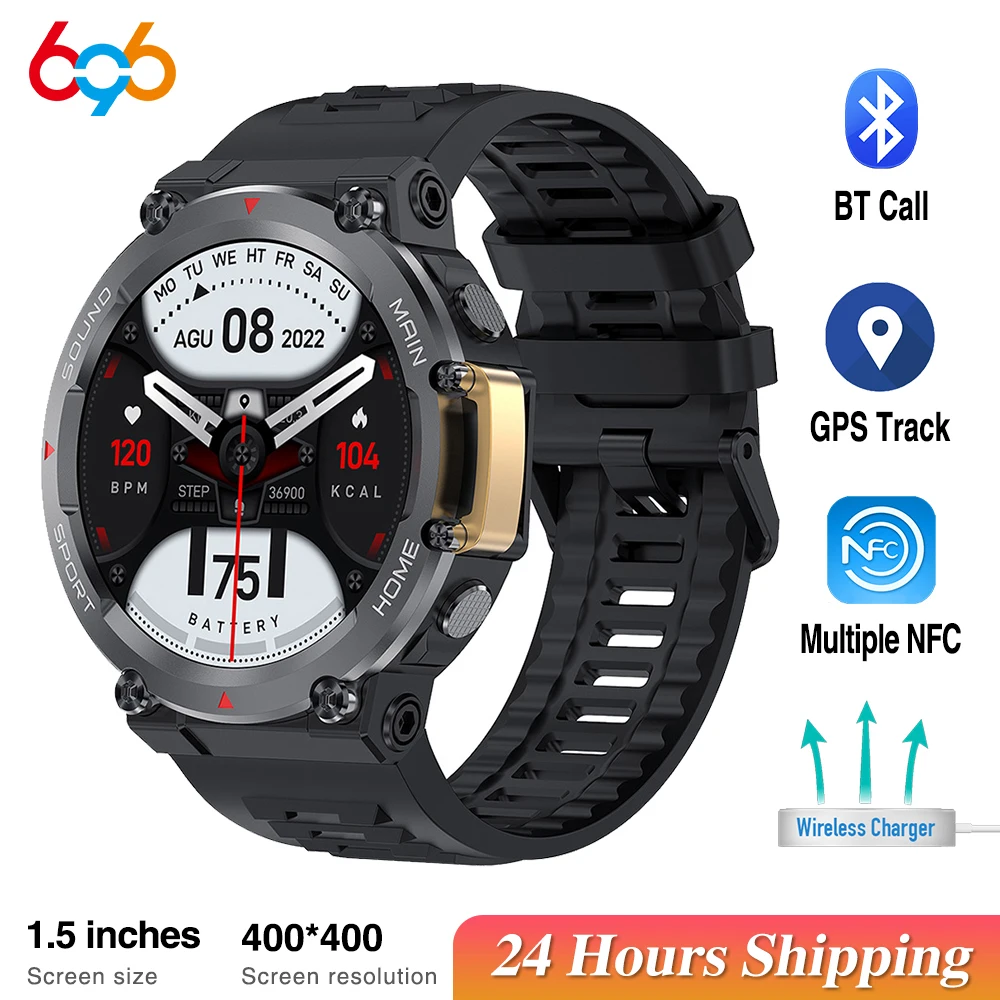 

New 1.5" Men Blue Tooth Call Smart Watch Sports Fitness GPS Track IP68 Waterproof Watches NFC Games Wireless Charge Smartwatch