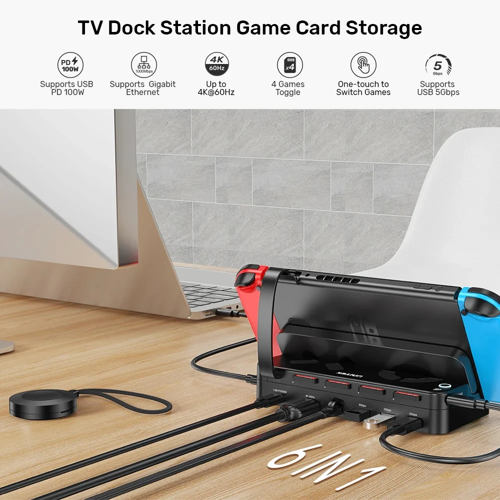 Unitek Game KVM Docking Station with Remote Control USB 3.0 RJ-45 Gigabit Ethernet 4K HDMI 100W PD Charger for Nintendo Switch