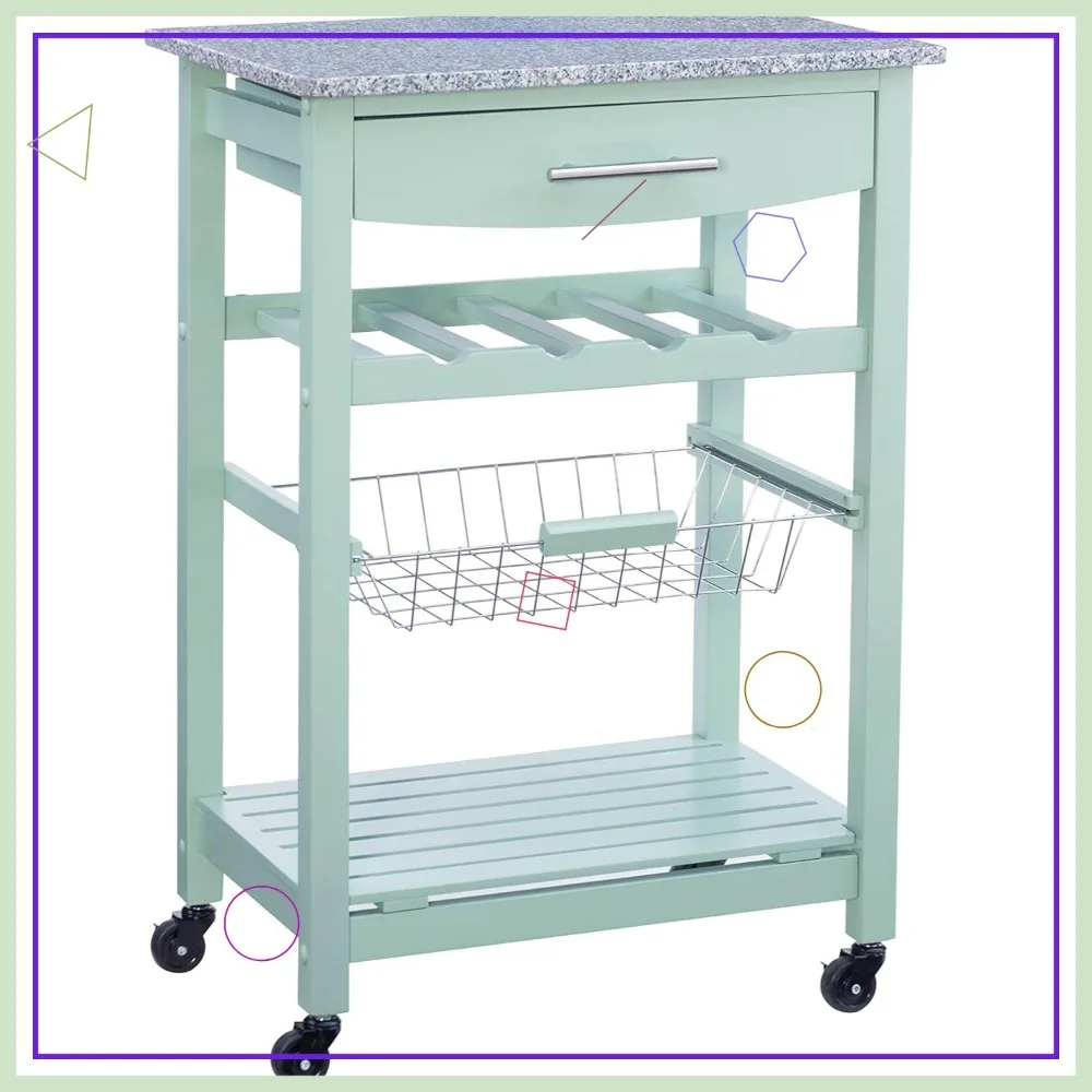 

Green Kitchen Island with Granite Top, 15.75x22.83x33.86 Inches, Mobile Storage and Wine Rack
