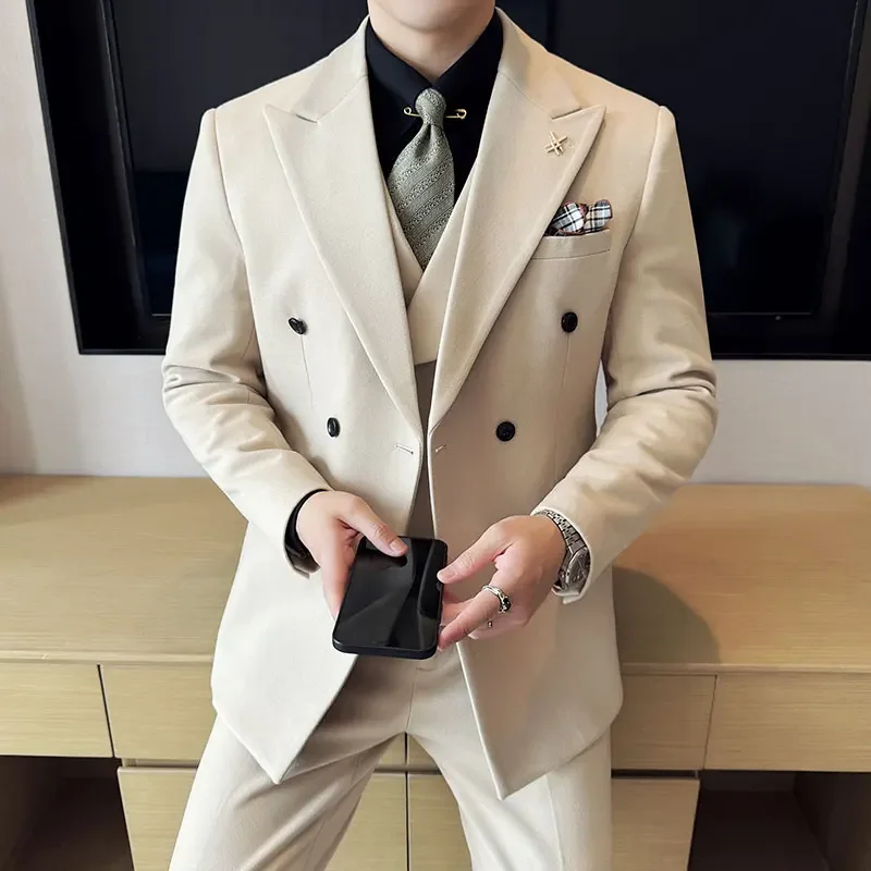 LIBIELIY 2025 High Quality Double-breasted (suit + Vest + Trousers) Korean Slim Business Suit Woolen Suit Three-piece Set