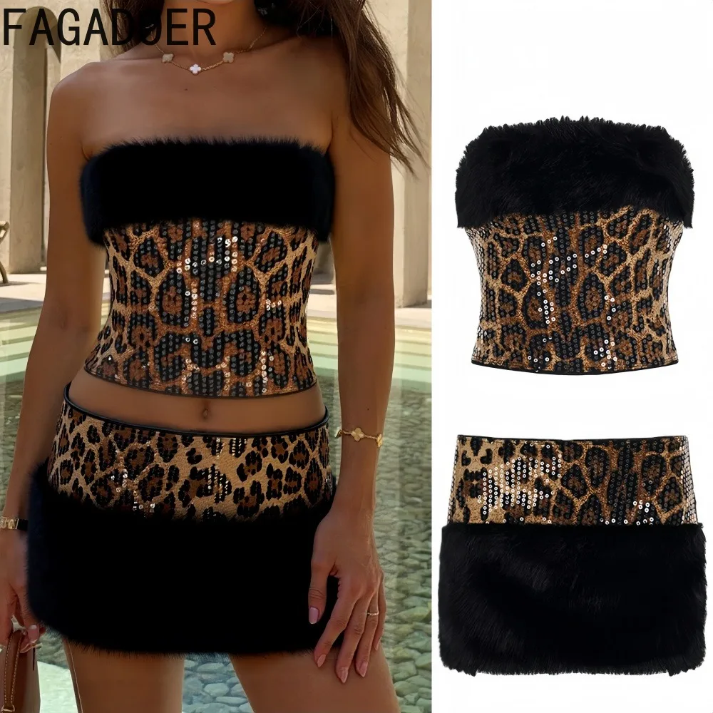 

FAGADOER Sexy Leopard Print Two Piece Outfits Woman Sequin Fur Patchwork Sleeveless Backless and Skirt Suit Female Streetwear