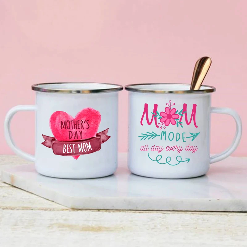 Mother's Day Best Mom Print Enamel Mugs Coffee Cup Gift for Mommy Drink Wine Juice Tea Milk Cups Mothers Day Present Enamel Mug