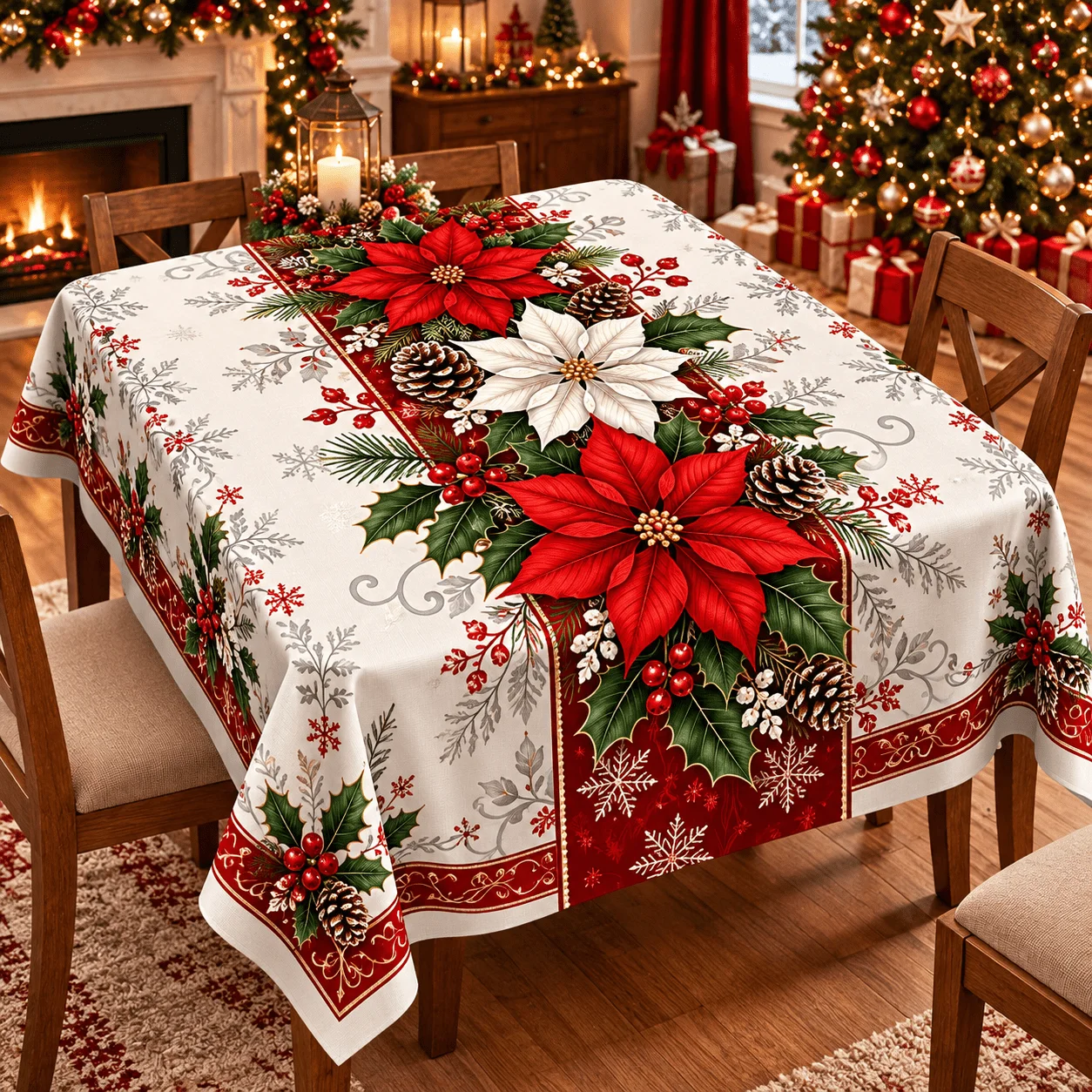 1 square tablecloth, Christmas poinsettia flower print polyester tablecloth, classic red white green color scheme
