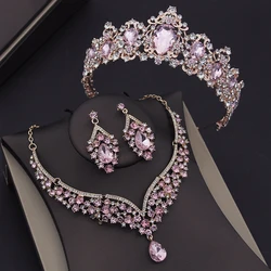 Luxury Pink Crystal Bridal Jewelry Sets for Women Tiaras Necklace Sets Princess Wedding Crown Combs Bride Jewelry