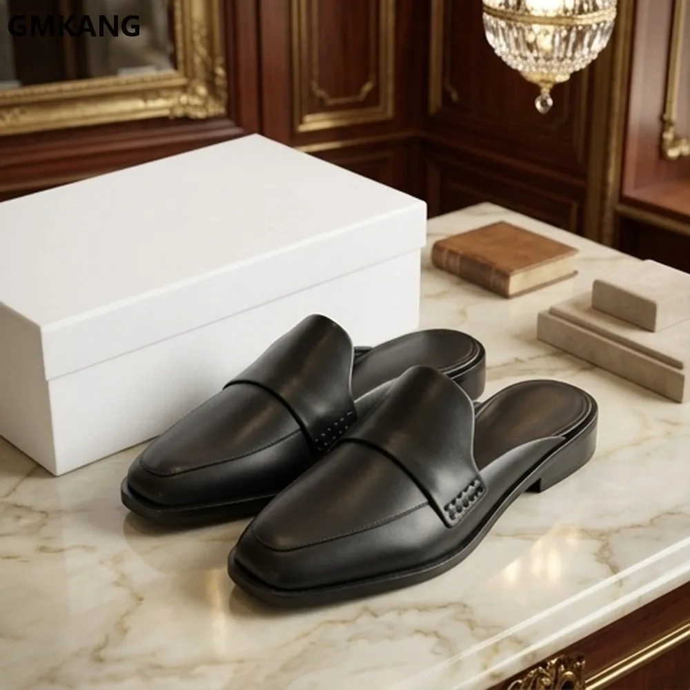 Women Black Leather Slip-on Flat Mules Comfort Loafers Casual Walking Shoes