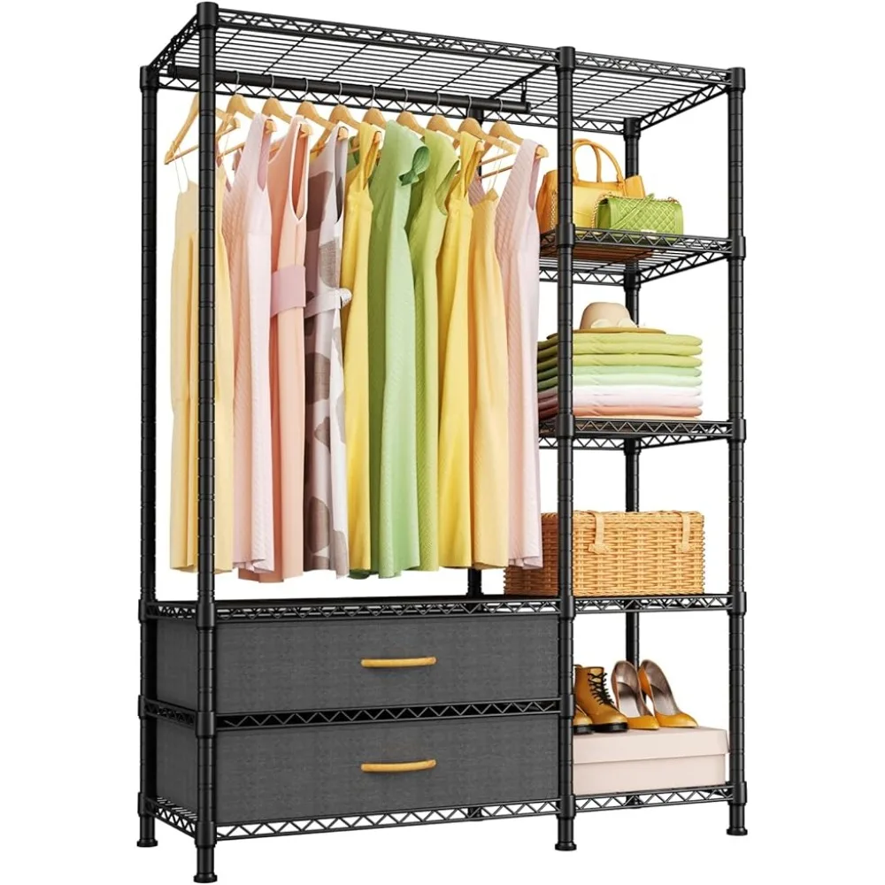 

Suitable for Bedroom Wardrobe Closet Garment Rack 5 Tiers Adjustable Heavy Duty Clothes Organizer Storage With 2 Fabric Drawers