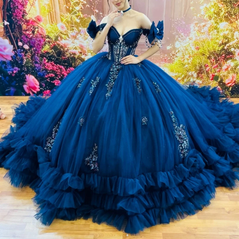 

Navy Blue Shiny Ball Gown Quinceanera Dresses Off The Shoulder Applique Lace Beads Tiered Tull Party Birthday Sweet 16 Dress