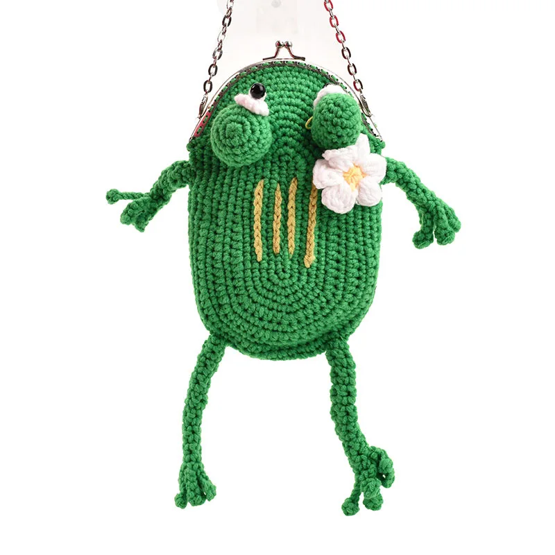 Women Funny cartoon frog small bag 2024 new Japanese personality chain shoulder bag ins net red girl knitted mobile phone bag