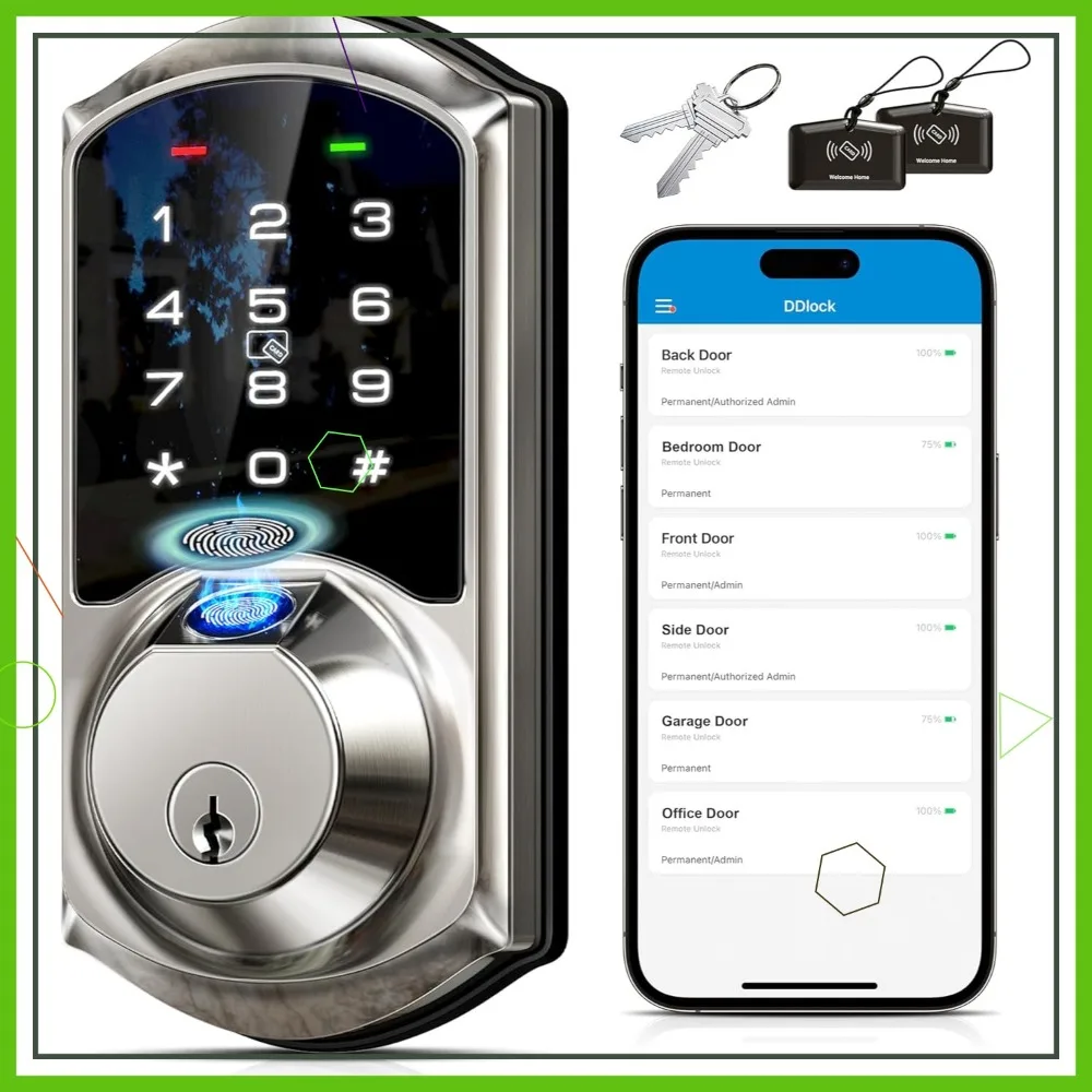 

7-in-1 Fingerprint Smart Door Lock with App Control, Keyless Entry Deadbolt, Auto Lock, Satin Nickel