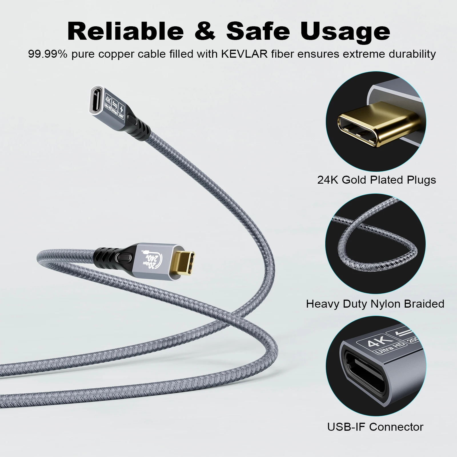 USB 3.2 Extension Cable 20Gbps 240W  Gen2 Thunderbolt Cable USB C 4K Vidio Type C 5A 240W Type-C Quick Cable