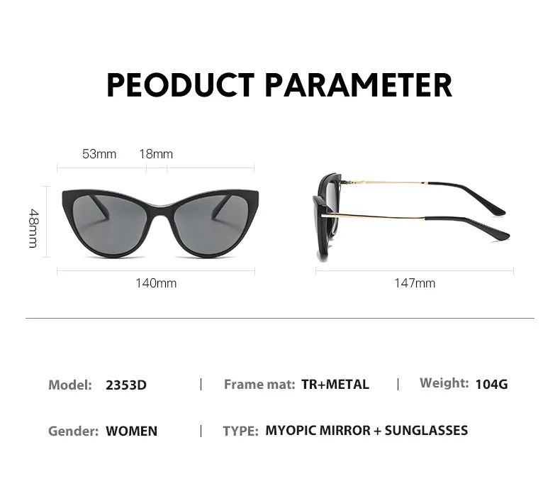 VCKA Katze Auge 5 + 1 Set Myopie Sonnenbrille Frauen Polarisierte Magnetische Gläser TR90 Clip-auf Rezept 1,61 1,67 custom-0.5 ~-10 – Detail 6