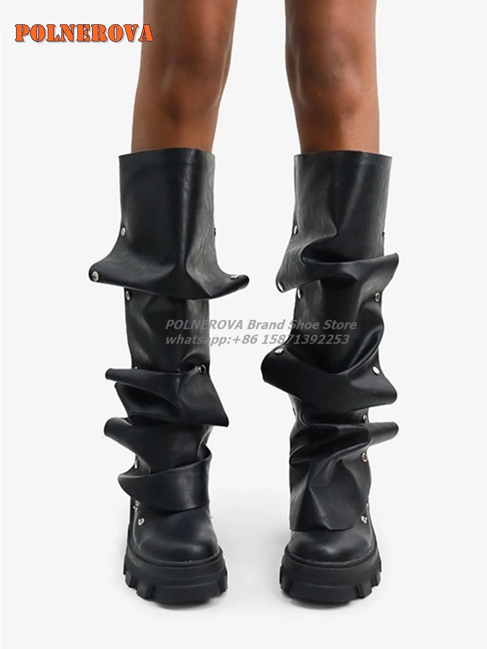 Rivet Wide Calf Ruched Slouchy Boots Round Toe Tank Soled Fold Down Pleated Brown Knee-High Boots Plus Size Sexy Fashion Shoes