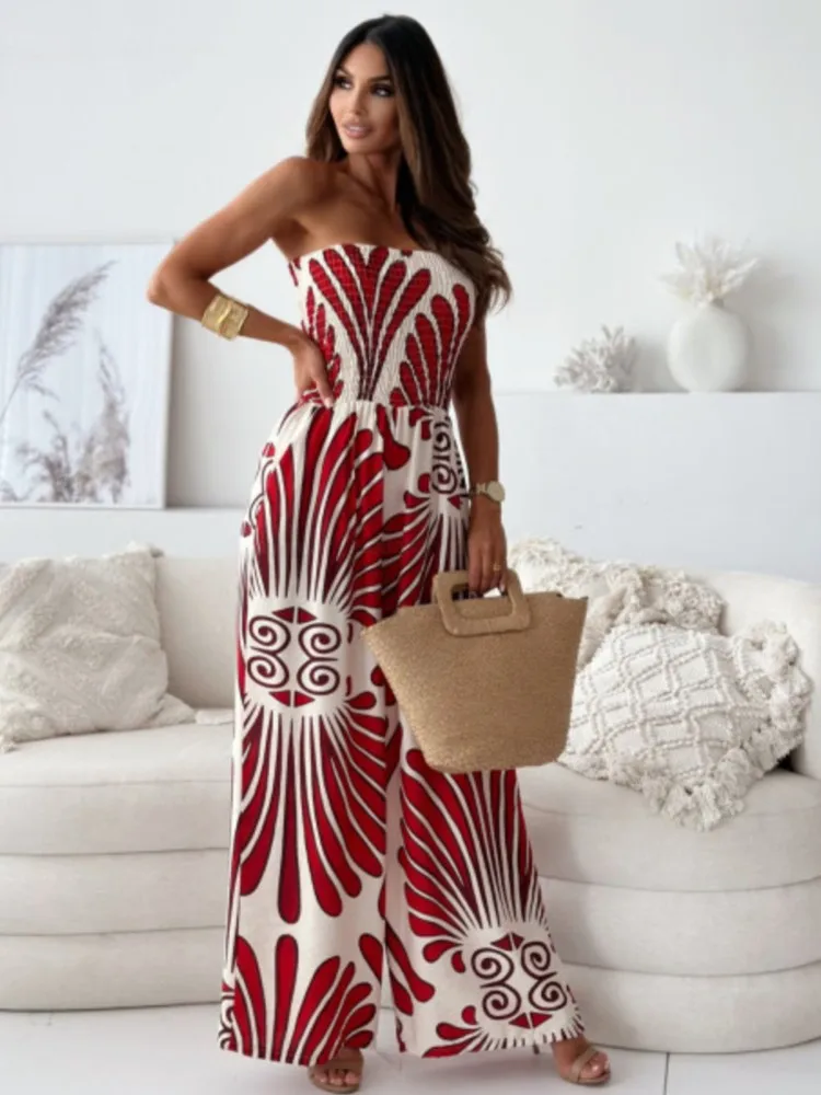 Off Shoulder Chest Wrap Sexy Jumpsuit Women 2024 Summer Fashion Sleeveless Print Loose Wide Leg Jumpsuit Beach Vacation Rompers