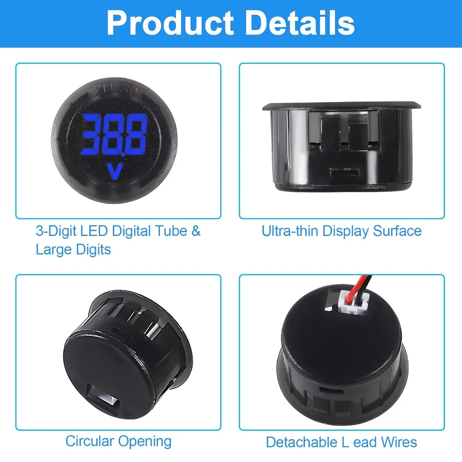 2/4pcs DC 4-100V Car Voltage Gauge LED Digital Display 12V 24V Waterproof Voltmeter Round Voltage Meter Volt Detector Tester