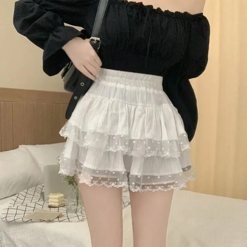 Koreanische Sle Hohe Taille Puffy ort Rock frauen Sommer Faion Ballett Sle Spitze Trimmen Anti-Licht Kuchen Design f rock