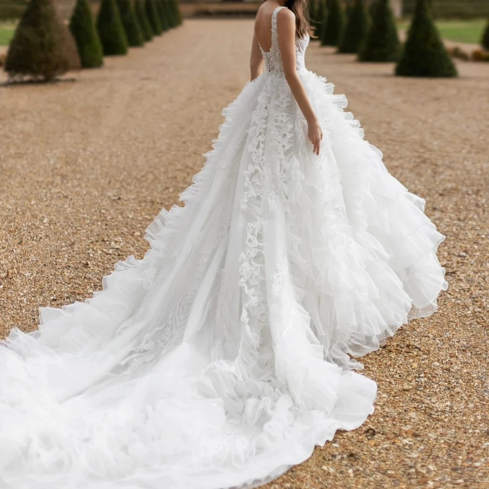 Vestido De novia clásico con volantes y tirantes finos, apliques De lentejuelas, vestido De novia personalizado, corte en A, vestidos De novia largos