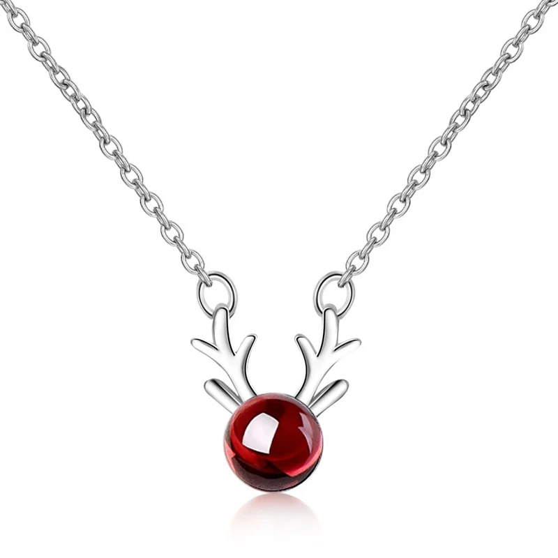 

Original 990 Silver Red Garnet Deer Necklace - Women's Minimalist Korean Forest Xmas Gift Clavicle Chain