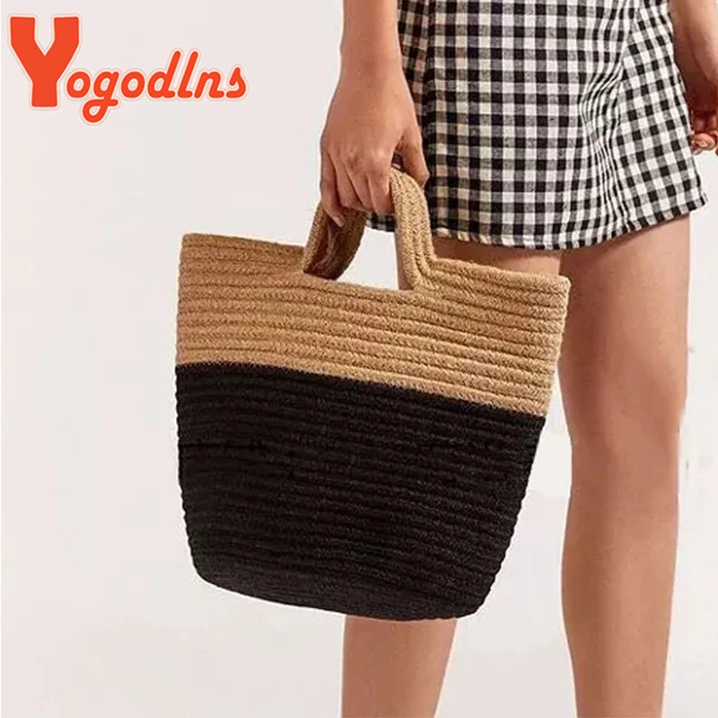 Yogodlns Summer Woven Straw Handbag Women Contrast Color Cotton Rope Beach Bag Travel Large Capacity Tote Shopping Handle Bags