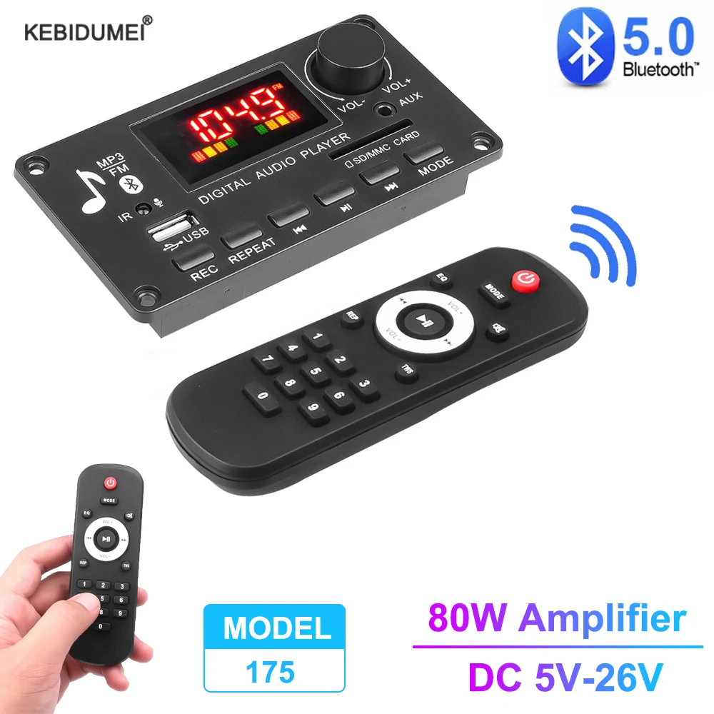 Scheda di decodifica MP3 amplificatore 80W 12V 2*40W Bluetooth 5.0 modulo Radio FM per auto 5V-26V registrazione chiamate lettore MP3 supporto TF USB AUX WAV