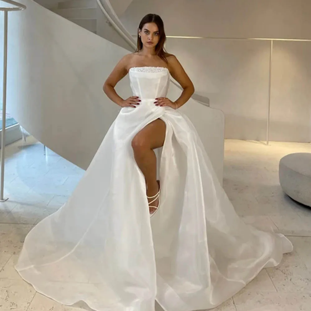 

Beaded Strapless Organza A Line Wedding Dresses Side Slit Custom Made Bridal Grown 2024 Vestido De Noival